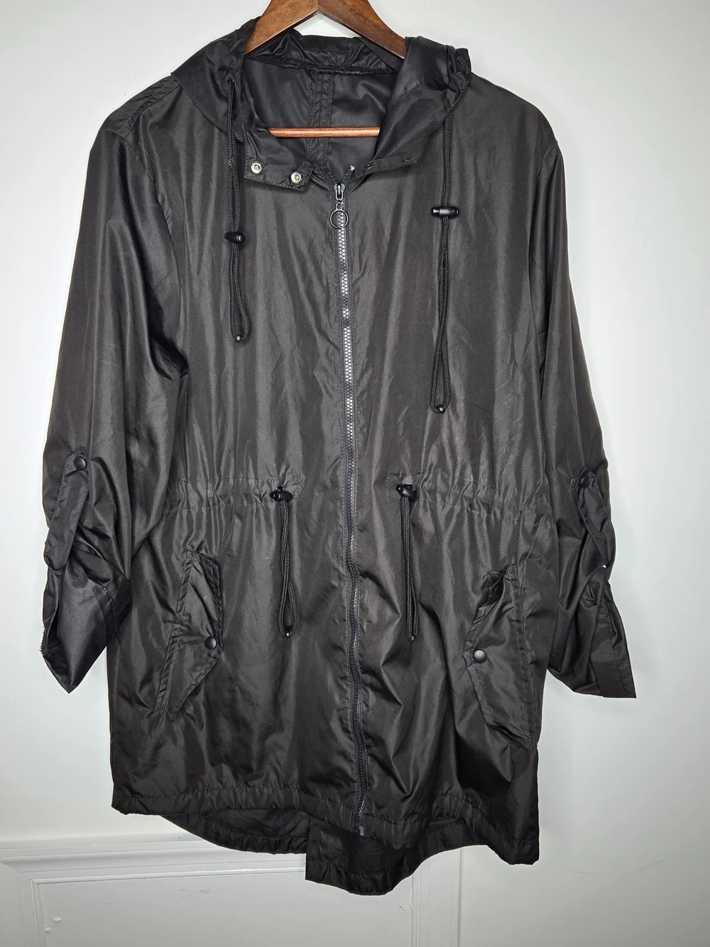 Solid Black Lightweight Hooded Rain Anorak Utility Jacket Zip Close-Size L